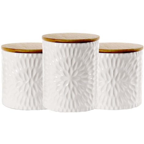 TRIS DI BISCOTTIERE IN CERAMICA CON TAPPO IN LEGNO 2 DA 10X12.5 CM E UNA 13X16 CM BIANCHE