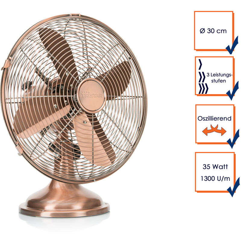 Tischventilator Kupfer Ø30 cm 3-Stufen, 2149 m³/Std. Oszillierend