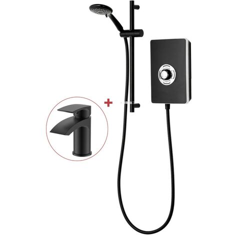 Triton Aspirante 9.5KW Matt Black Electric Shower - Inc Head + Riser Rail + Tap