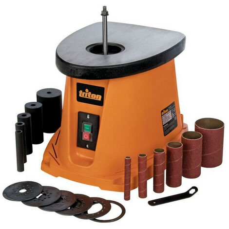 Triton – Ponceuse stationnaire 450W – Cylindre oscillant pour ponçage précis – Raccordement à aspiration – Manchons 80/120/180 mm inclus