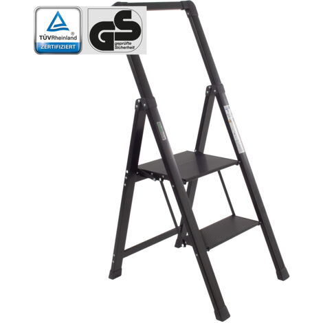 Trittleiter 2-stufig schwarz klappbar mit Handlauf bis 150 kg Aluminium Anti-Rutsch Trittflächen TÜV/GS Klapptritt