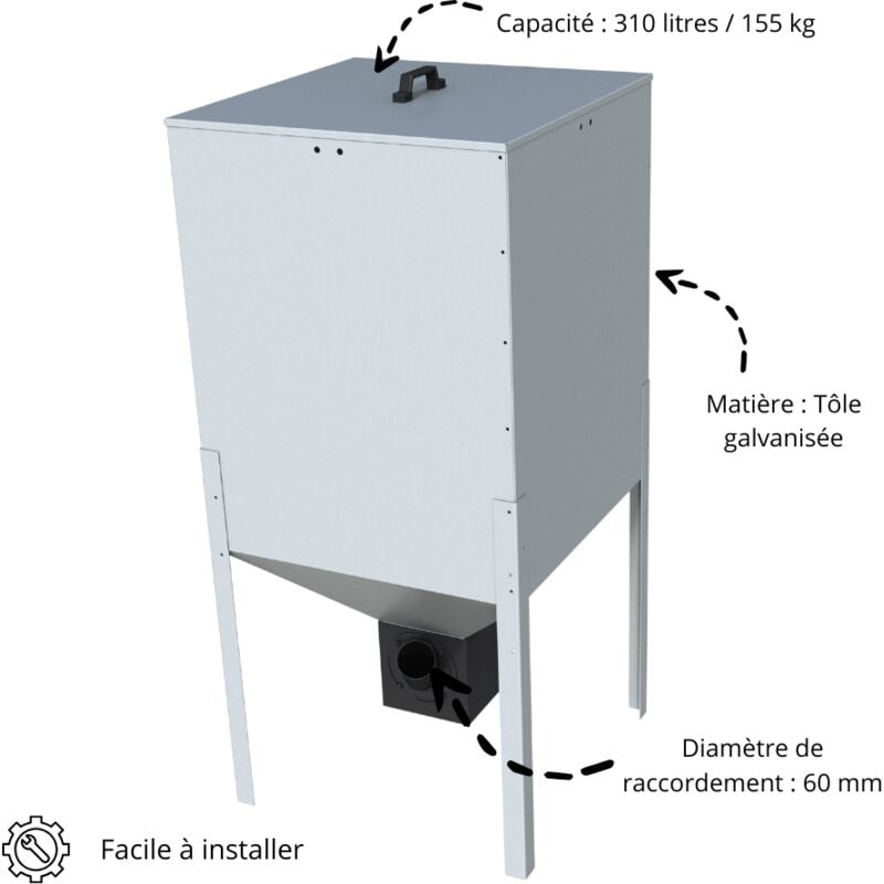 Trémie granulés de 310 litres / 155 kg en tôle galvanisé