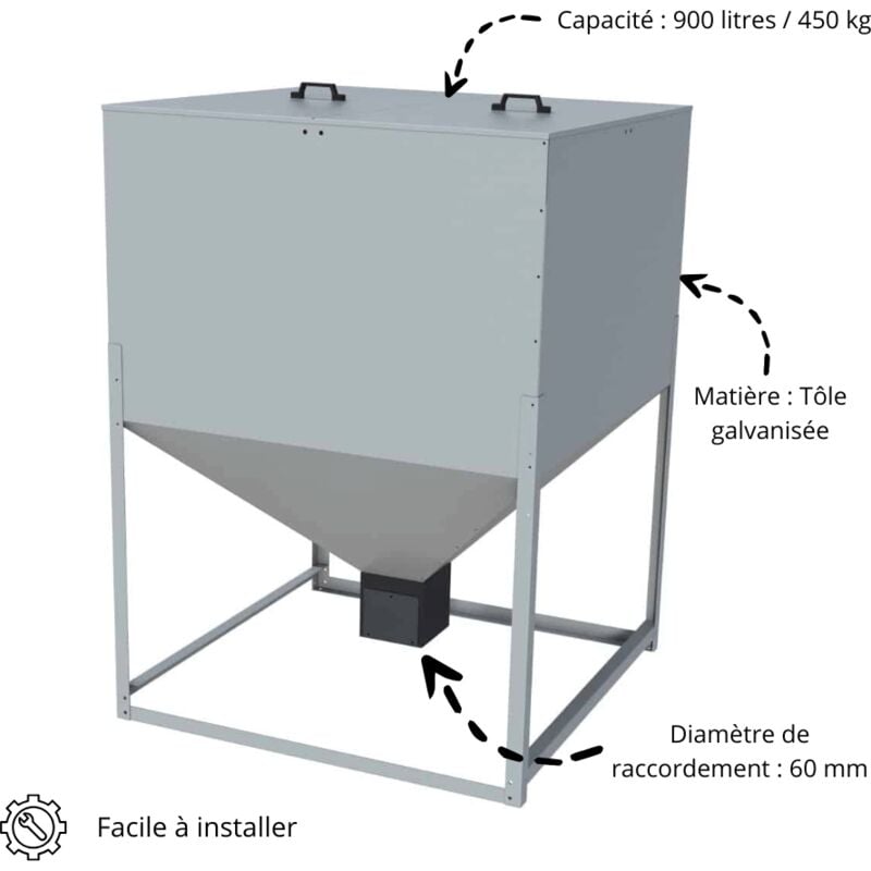 Trémie granulés de 900 litres / 450 kg en tôle galvanisé
