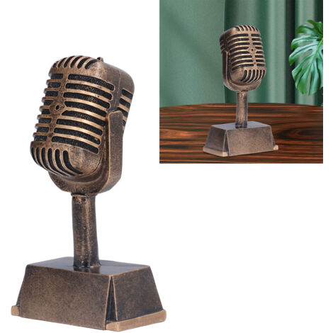Trofeo musical de estilo vintage fabricado en resina – Micrófono de mesa decorativo (16,5 cm, 582 g) para concursos de karaoke y como elemento decorativo.