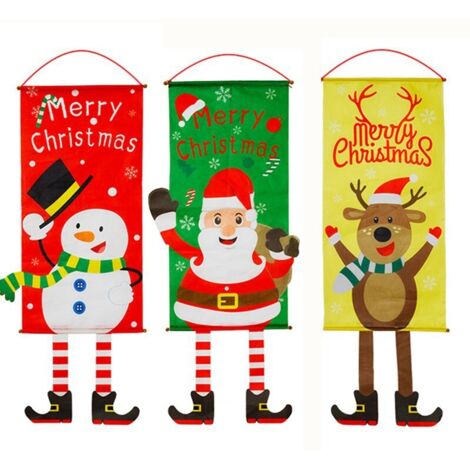 Trois décorations de Noël aléatoires : tissu à suspendre à une porte, Père Noël, bonhomme de neige, décoration murale pour restaurant, tableau, drapeau à suspendre (environ 85 x 4 cm).-AquaForge