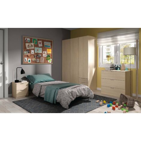 Armoire à trois portes avec barre-penderie, étagères et tiroirs, couleur chêne, mesures en cm 180 x 121 x 52