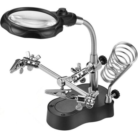 Troisième Main avec loupe auxiliaire, Station de loupe pour soudage, Soudure Loupe en Verre auxiliaire avec éclairage LED Outils de réparation de Soudure de Table pour travaux de réparation