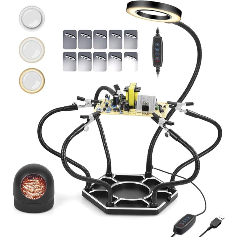 Troisième Main Soudure, Troisième 3eme Main avec 6 Bras Flexibles Réglables, Loupe 3X LED pour Réparation Électronique, Modélisme et Loisirs Créatifs