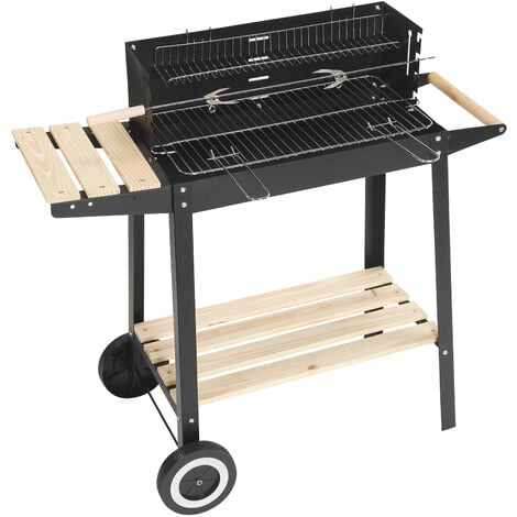 COSVALVE Trolley Charcoal Rectangular Steel BBQ Barbecue Grill Outdoor Patio Garden W/Wheels Wooden Shelves