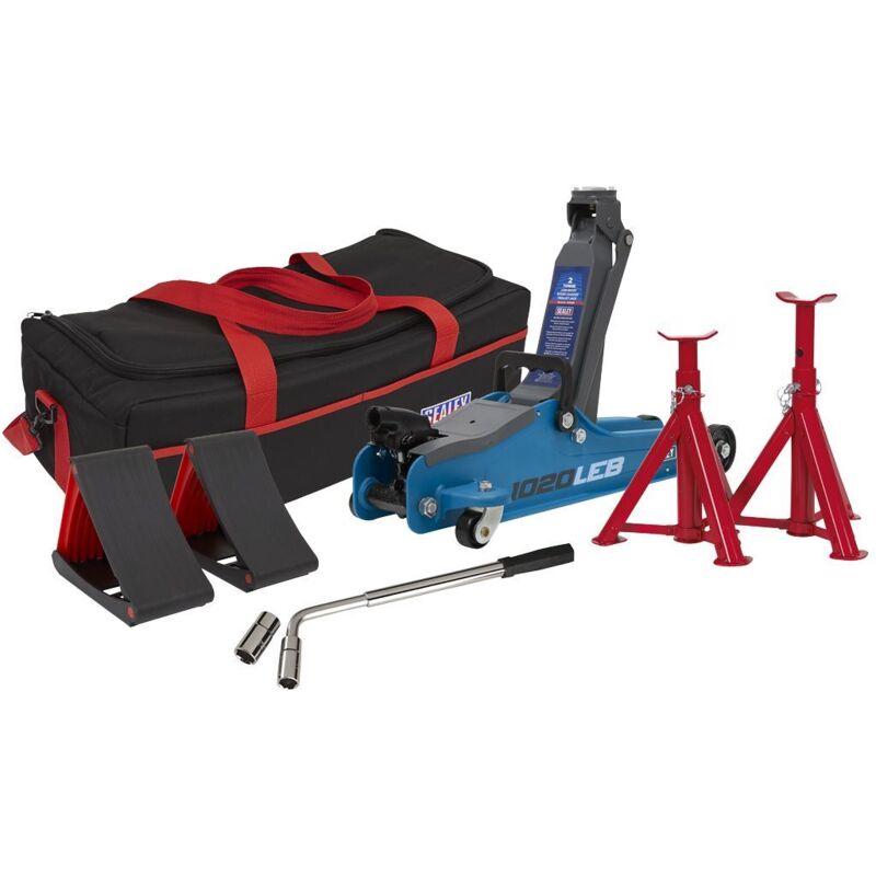 Sealey - 1020LEBBAGCOMBO Low Entry Short Chassis Trolley Jack & Accessories Bag Combo, 2 Tonne - Blue