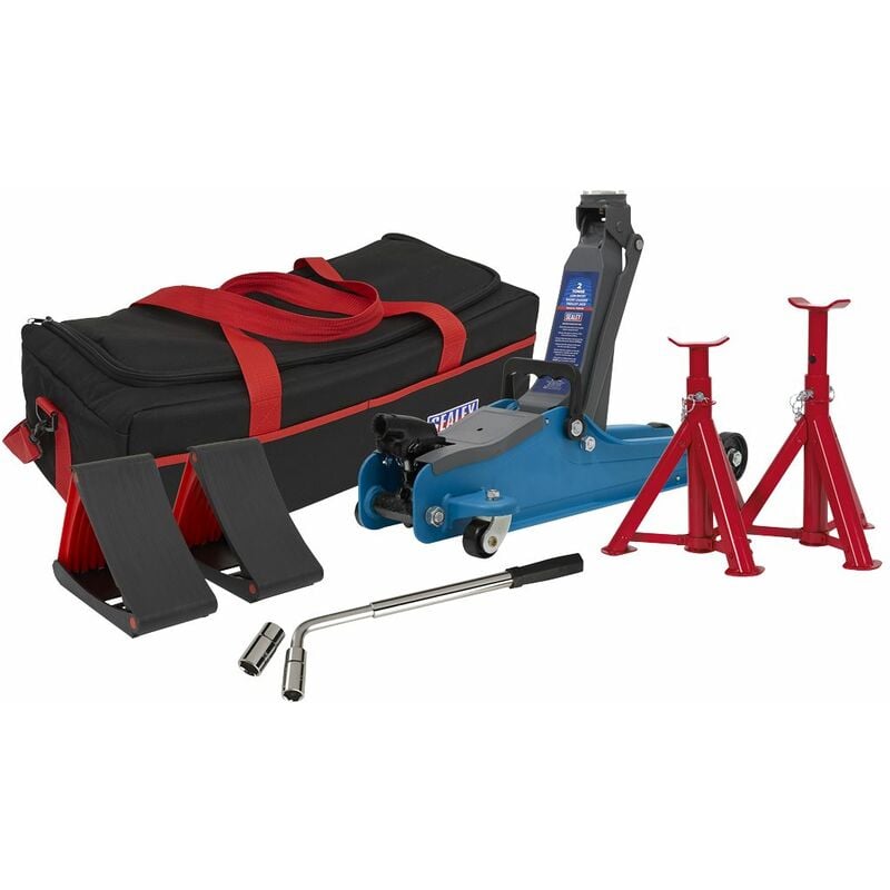 Sealey - Trolley Jack 2 Tonne Low Entry Short Chassis & Accessories Bag Combo - Blue 1020LEBBAGCOMBO