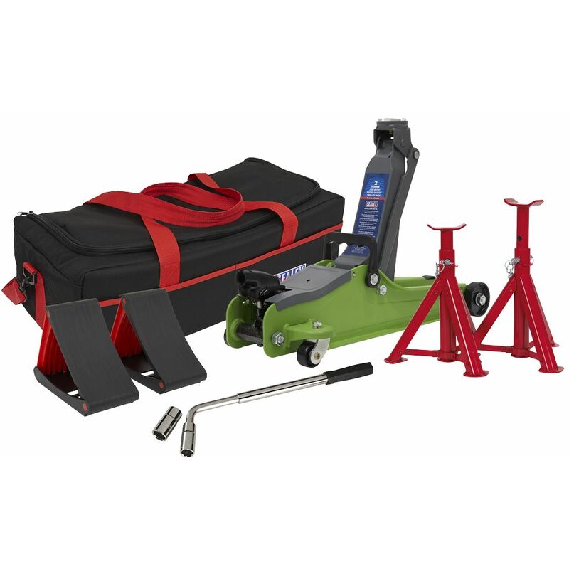 Sealey - Trolley Jack 2 Tonne Low Entry Short Chassis & Accessories Bag Combo - Hi-Vis Green 1020LEHVBAGCOMBO