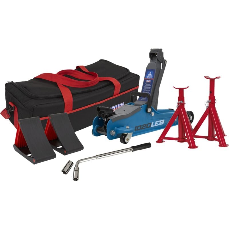 1020LEBBAGCOMBO Low Entry Short Chassis Trolley Jack & Accessories Bag Combo, 2 Tonne - Blue - Sealey