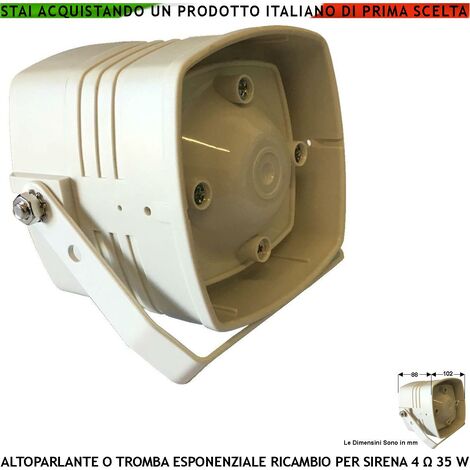 Tromba Altoparlante Esponenziale Magnetodinamico 4 Ohm 35 W Tweeter Suoni Alta Frequenza da 3,5 a 25 kHz Ricambio Sirene Antifurto Fondello Porta Circuito Richiama Animali Dimensioni L102XH102XP88 mm