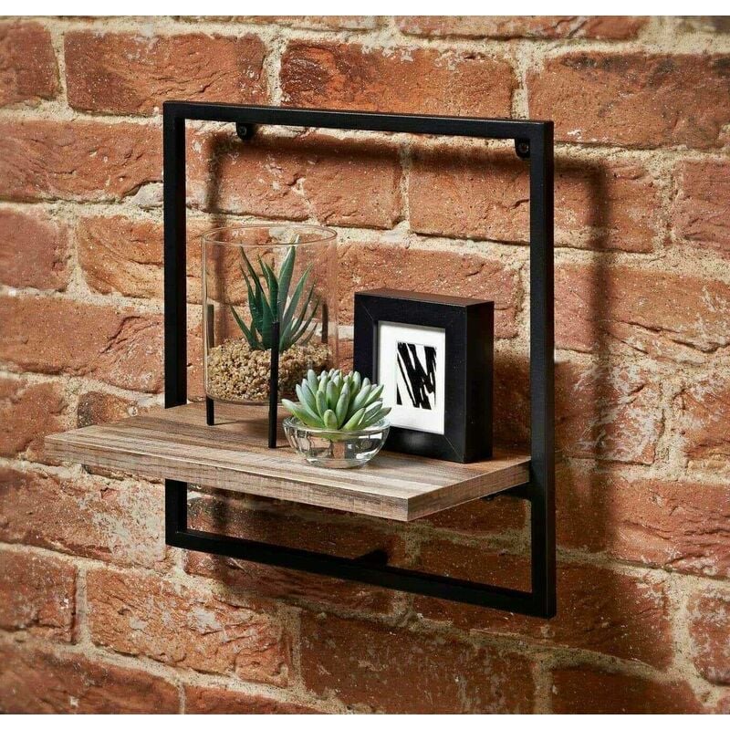 Dylex - Tromso 1 Tier Shelf Black Metal Frame With Wooden Shelf Floating Wall Home Decor