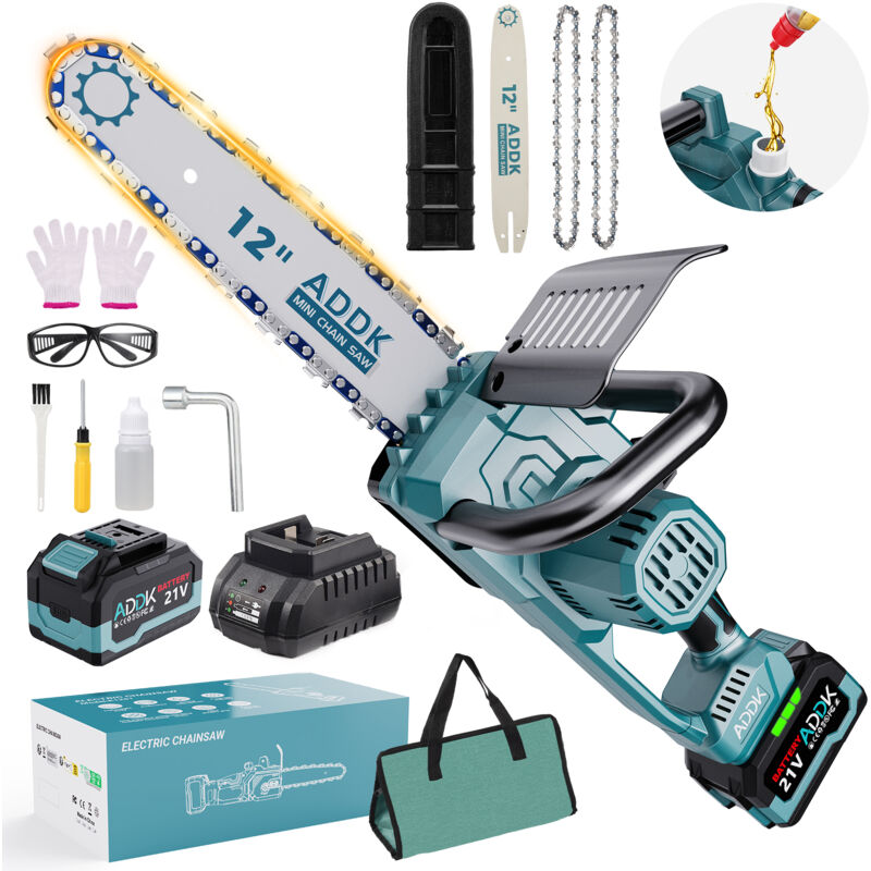 Pergar - Tronçonneuse 12 pouces, mini tronçonneuse sans fil,moteur sans balais 5025, 21 v, 6,0 Ah, système de lubrification automatique de la chaîne,