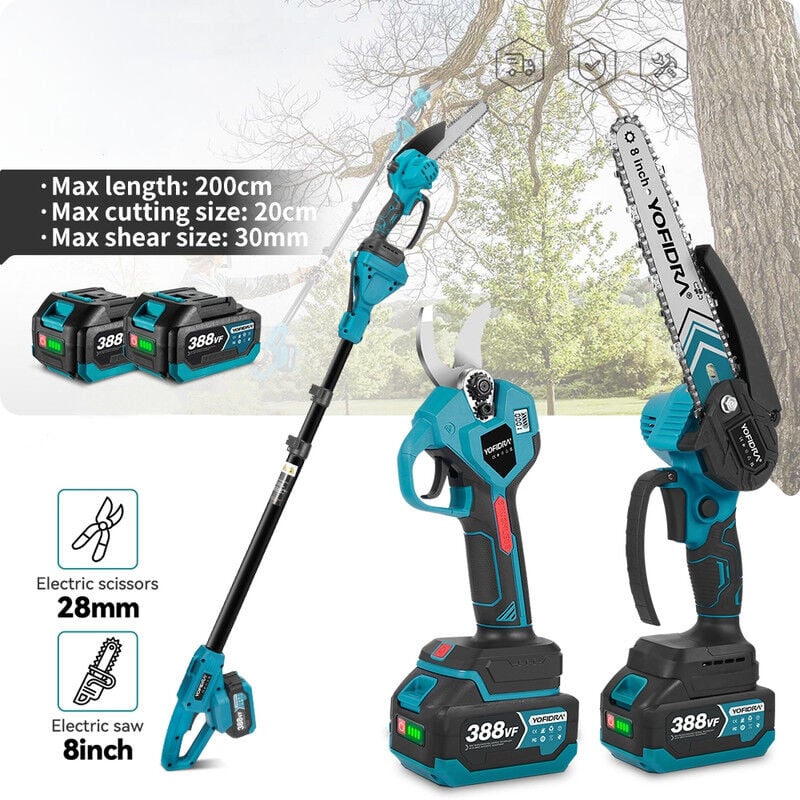 Tronçonneuse à batterie 8 pouces Brushless et Sécateur électrique 28 mm ,avec perche télescopique réglable de (1-1.7m) ,avec deux batteries et un