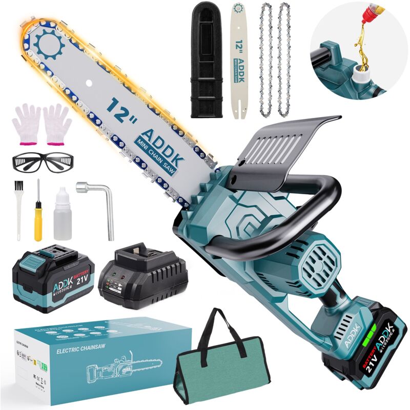 Dans Les Nuages - Tronçonneuse à batterie 950W, avec 21V batterie de 6000 mAh, Tronçonneuse Brushless, 2 chaînes de 30 cm, gants, lunettes de