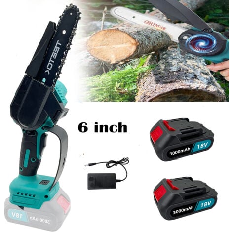 Tronçonneuse à batterie, mini scie à chaîne sans fil de 15,2 cm + 2 batteries 3.0A + chargeur avec chaînes ,remplacement Compatible avec la batterie Makita