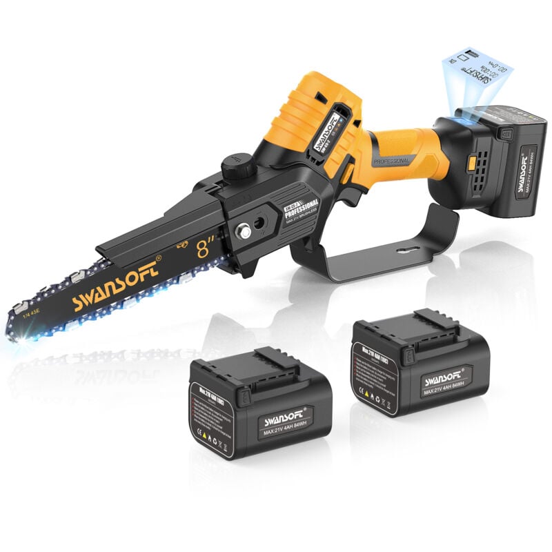 Swansoft - Tronçonneuse à batterie professionnelle de 8 pouces avec lubrification automatique, tronçonneuse électrique à une main avec batterie 21 a