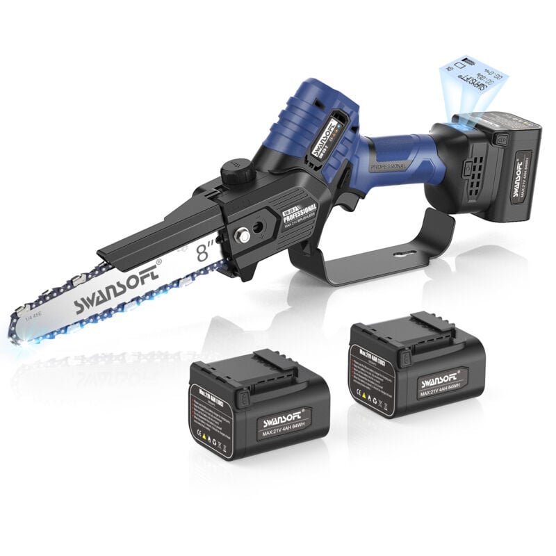 Swansoft - 8 Pouces Tronconneuse a Batterie, Tronconneuse Electrique sans fil à Une Main avec Batterie au Lithium 21 2x4Ah pour la Coupe du Bois, du