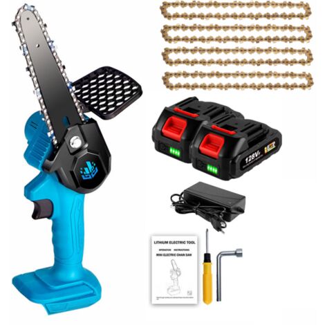 Tronçonneuse à batterie | Scie à chaîne électroportative 1200W Mini tronçonneuse ONEVAN - Bleu - 6 pouces sans fil pour Makita - Vitesse réglable pour la coupe du bois - avec 2 Batteries 128vf