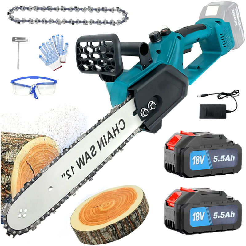 Pedony - Tronçonneuse à batterie, Tronçonneuse électrique sans fil sans balais de 12 pouces, tronçonneuse lubrifiée avec chaînes + 2x batterie 5,5 a