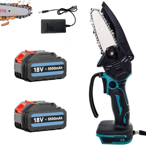 Tronçonneuse à batterie, tronçonneuses électriques à cordon de 4 pouces, mini tronçonneuse à une main, remplacement Compatible avec la batterie Makita, avec batterie 2 x 5500 mAh + chargeur, pour séca