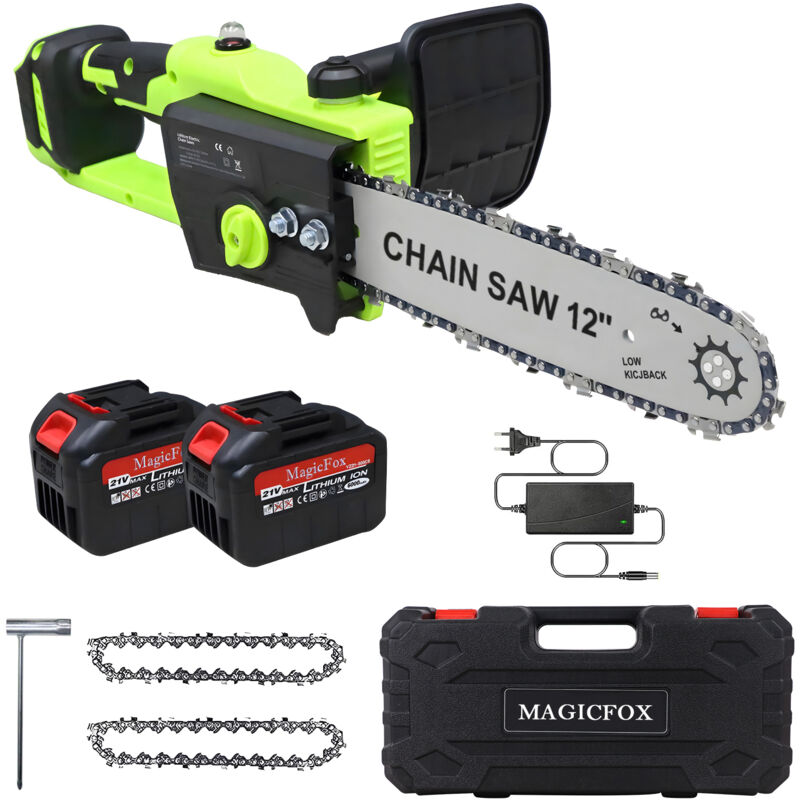 Magicfox - Tronçonneuse Brushless sans fil Coupe 30 cm, Autolubrification avec 2 batteries 6.0Ah et 2 chaines, Capot de protection Tronçonneuse
