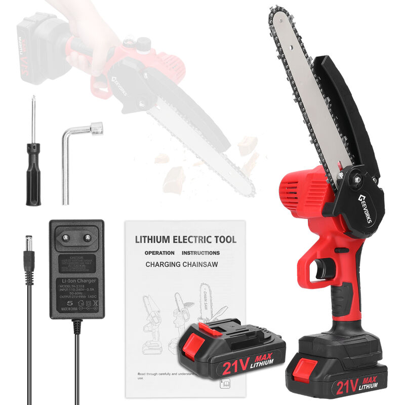 Decdeal - Scies électriques d'élagage 21V 8 pouces, petit moteur de brosse de tronçonneuse à bois, outil de travail du bois à une main avec système