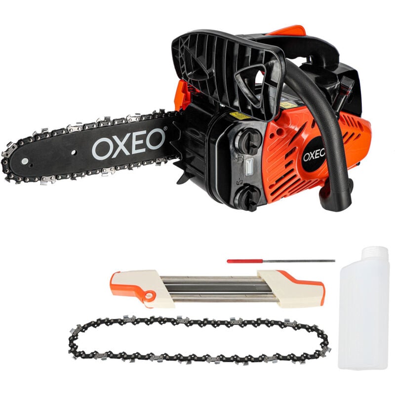 Oxeo - Tronçonneuse élagueuse thermique - Cylindrée 25,4cm³ - Guide chaine 10 pouces 25,4cm - 2 chaînes - Porte lime 2en1