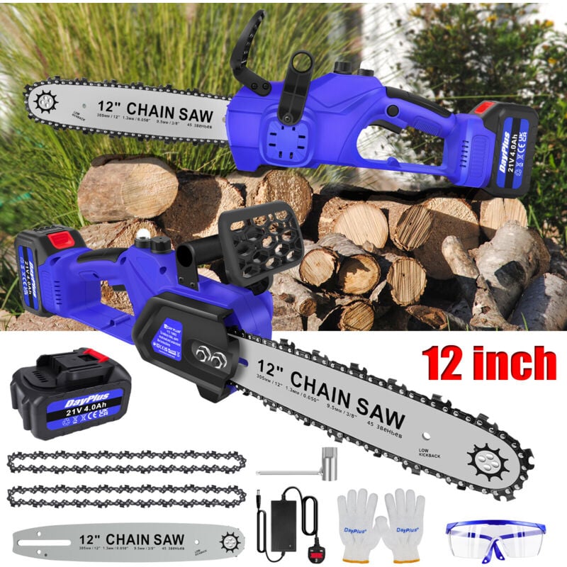 Dayplus - Tronçonneuse électrique 12' Tronçonneuse à chaîne sans fil + chargeur de batterie Tronçonneuse à main