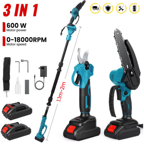 Tronçonneuse Électrique 3 en 1 Sans Balais 3500W avec Perche Télescopique – Outil de Taille pour Branches Hautes et Élagage de Jardin, 2 Batteries Incluses