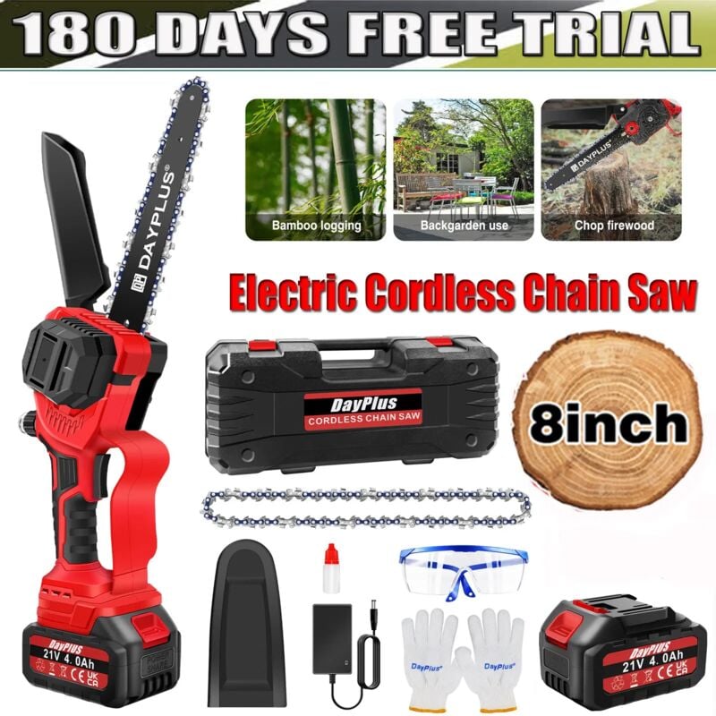 Day Plus - Tronçonneuse électrique 8 pouces 21V sans fil avec batterie 4000mAh et 2 chaînes