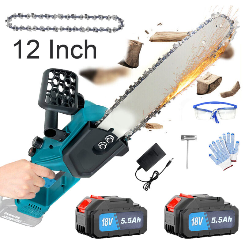 Teetok - Tronçonneuse électrique filaire,Tronçonneuse sans fil 12' sans balais, puissante scie à bois, huileur automatique, 2 batteries 5,5 a +