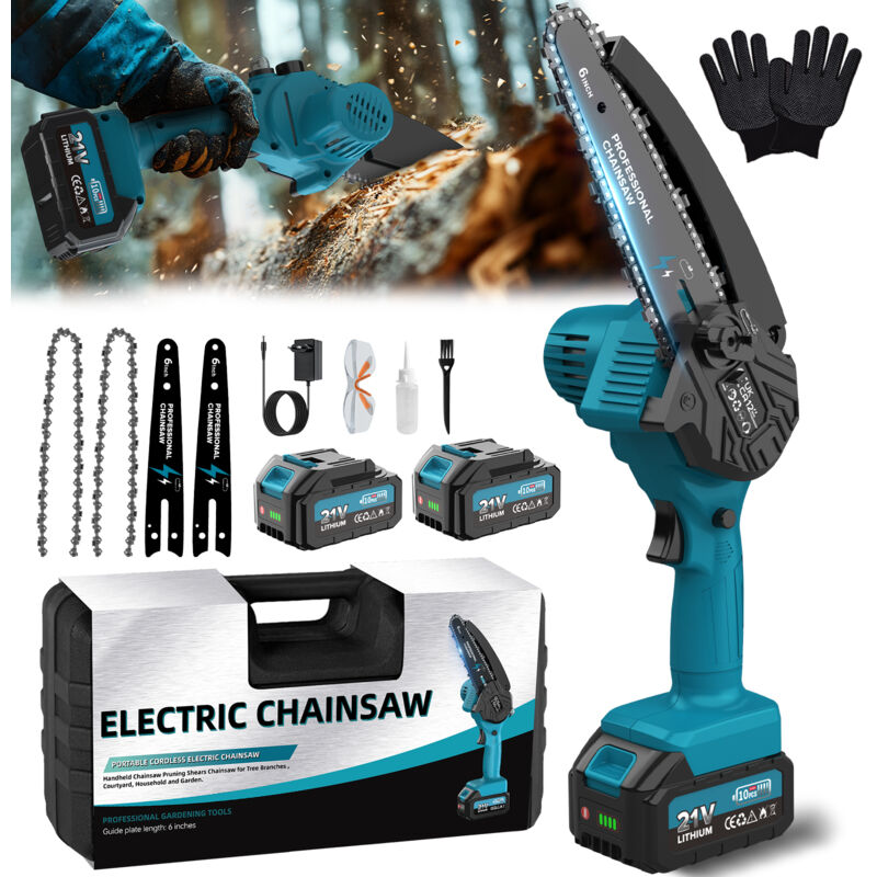 Tronçonneuse Électrique Sans Fil 6 Pouces, 8000mAh avec Graisseur Automatique - Idéale pour Élagage, Jardinage et Projets DIY