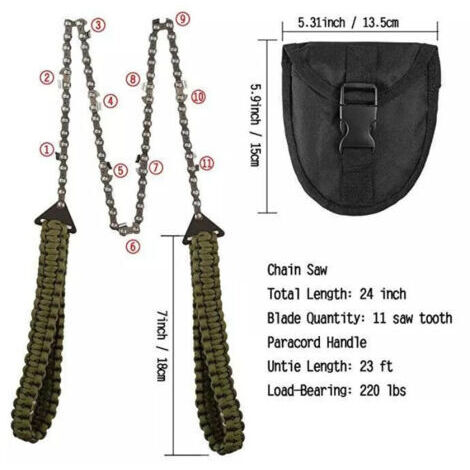 Tronçonneuse portative avec poignée en corde, parachute, kit multifonction en nylon et scie à câble  idéale pour la survie, le camping et la chasse. (91 cm - 11 dents)