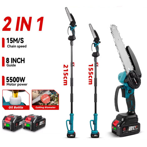 Tronçonneuse sans fil 8 pouces 2 en 1 – Outil d’élagage avec perche pour branches hautes – Compatible Makita 18V
