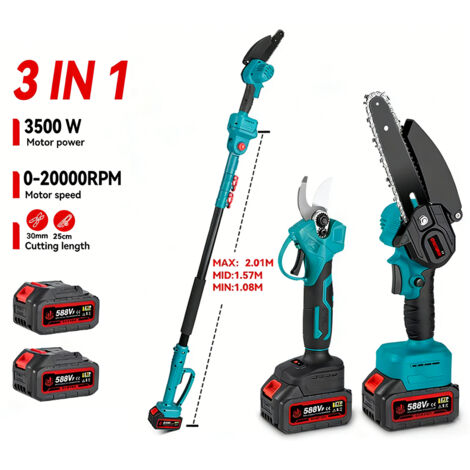 Tronçonneuse + Sécateur 3 en 1 3500W Sans Balais – Outil de Jardin Multifonction avec Perche Télescopique, 2 Batteries 588VF Incluses, Compatible Makita, Coupe & Élagage Haute Performance