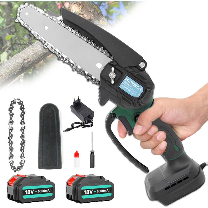 Tronçonneuses électriques, mini tronçonneuse sans fil et sans balais de 6 pouces, tronçonneuse portative pour la coupe de branches, + 2 batteries 5,5