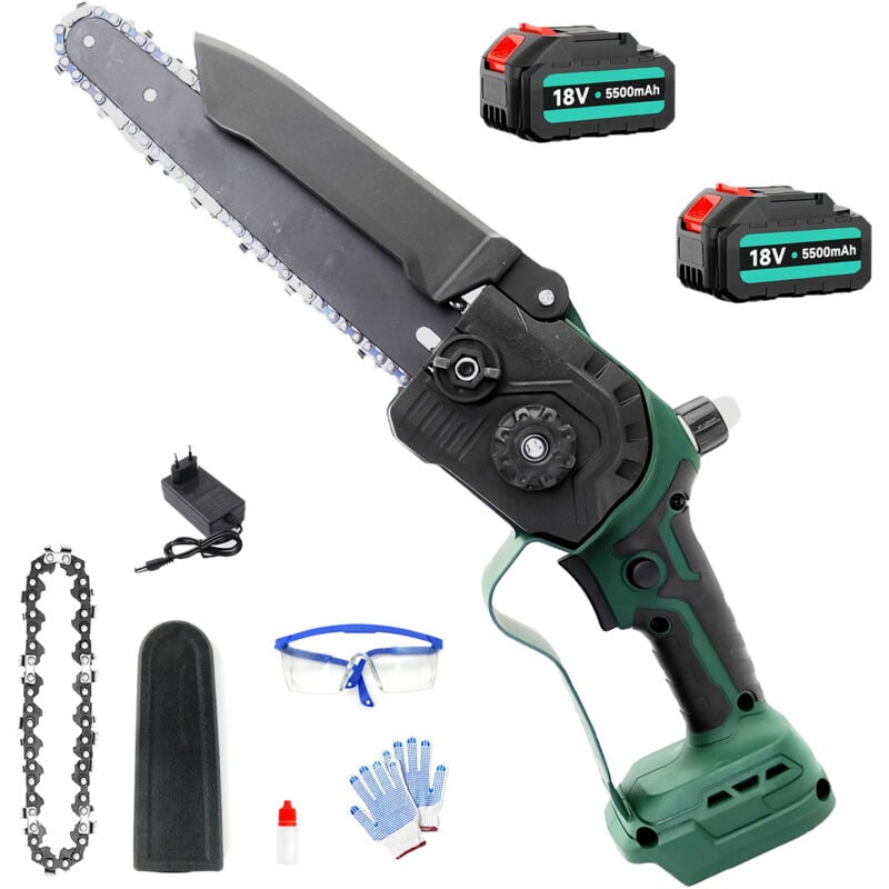 Tronçonneuses électriques, sans fil sans balais de 8 pouces Tronçonneuse à bois pour branches d'arbres 2 x 5,5 a à piles + 2 chaînes + chargeur,