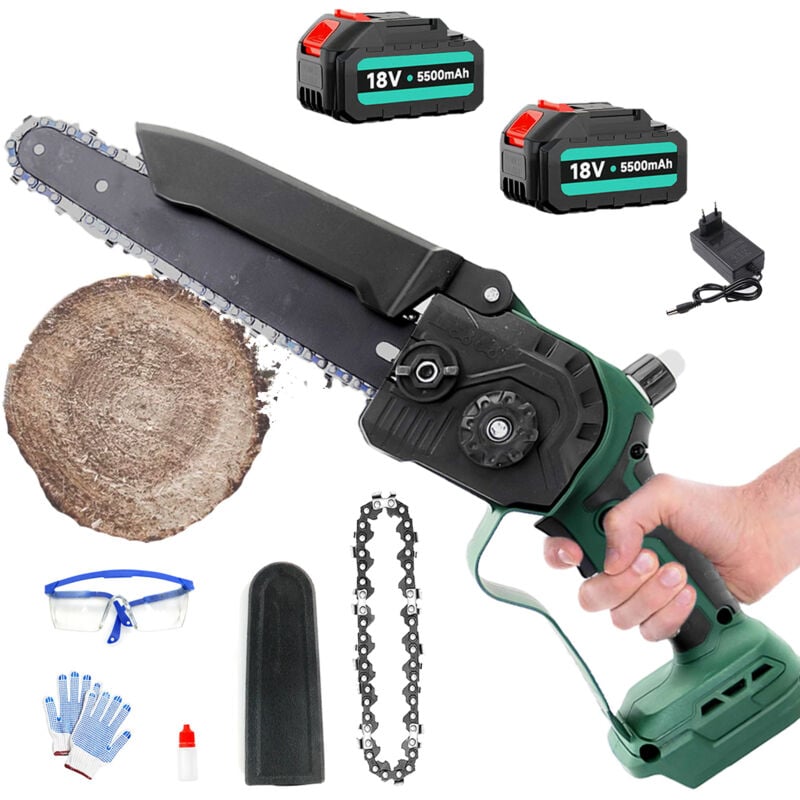 Tronçonneuses électriques, tronçonneuses sans fil de 8 pouces, mini tronçonneuse à une main, coupe-bois, avec 2 chaînes + 2 batteries de 5 500 mAh +