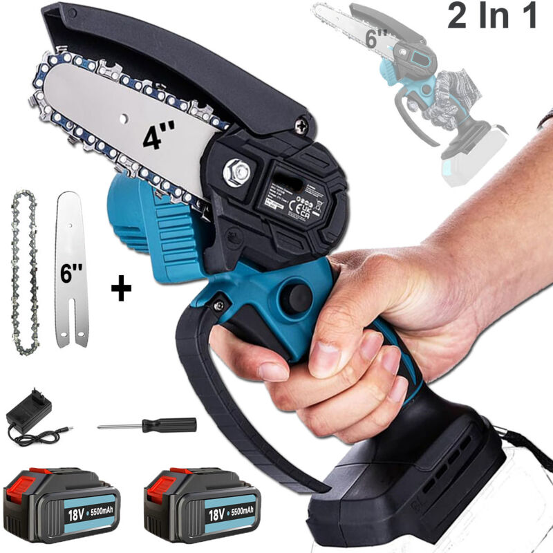 Tronçonneuses sans fil, 2 batteries 5,5 A 6/4 pouces 2 en 1 Mini tronçonneuse électrique sans fil Scie à une main Coupe-bois, avec chaînes 4'' et 6",
