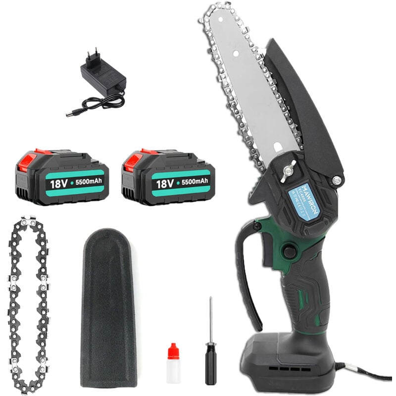 Tronçonneuses sans fil, mini tronçonneuse électrique sans fil de 6 pouces, scie à bois puissante sans balais de 18 V, + 2 batteries de 5,5 A +