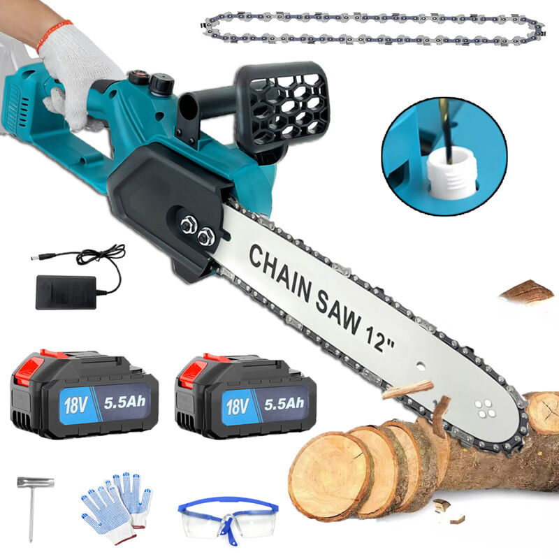 Pedony - Tronçonneuses sans fil, tronçonneuse sans balais 12 pouces, scie à bois électrique robuste à une main, avec 2 chaînes, 2 batteries 5,5 a +