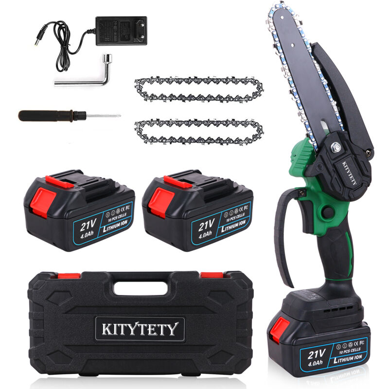 Tronçonneuse sans fil de 6 Pouces avec 2 Batteries, Scie sans fil avec 2 Chaînes Pour le Jardinage, les Elagueurs, les Coupes à Bois