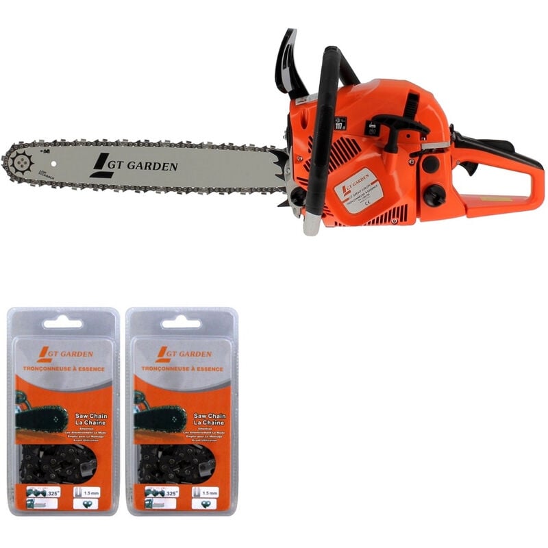 Gt Garden - Tronçonneuse thermique 62 cm3, 3.5 cv, guide 45 cm, 2 chaînes