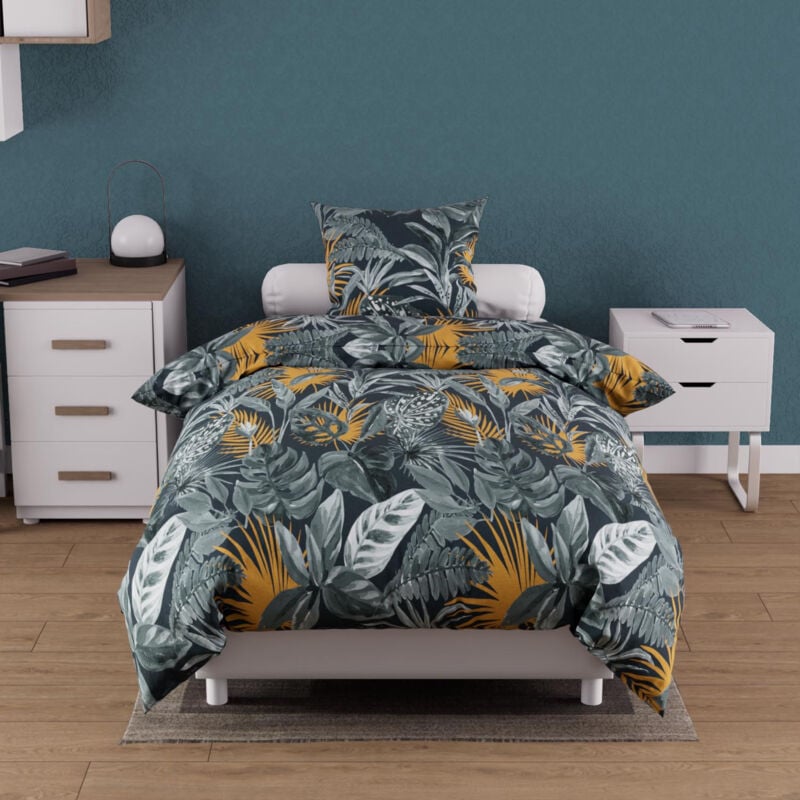 Parure housse de couette coton 57 fils 140x200 cm tropic bleu, par Soleil d'ocre