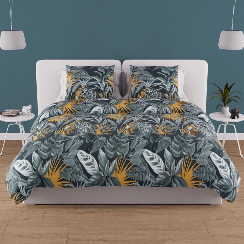 Parure housse de couette en coton 57 fils 260x240 cm tropic bleu, par Soleil d'ocre