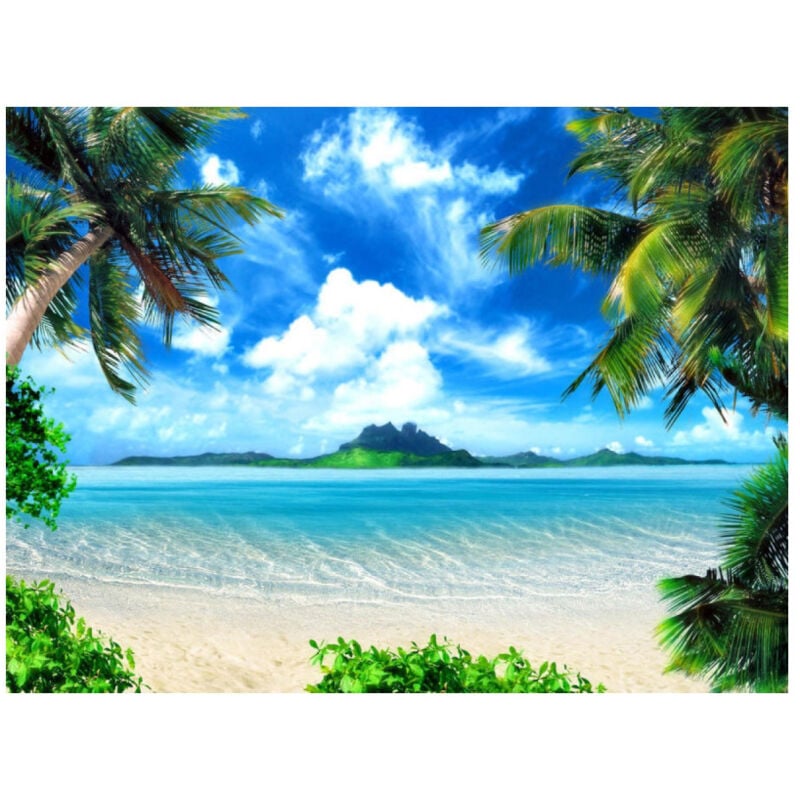 Photo murale intissée plage tropicale palmier mer turquoise et ile, 180x127 cm, 1 partie